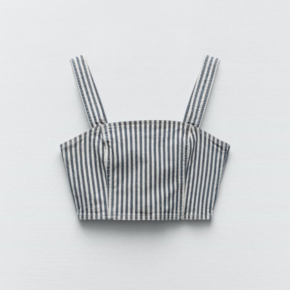 ZARA Thick Strap Striped Denim Crop Top - Picture 5 of 8